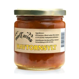 Burk med havtornssylt från Mor Carins, gjord på solmogna havtorn och socker.